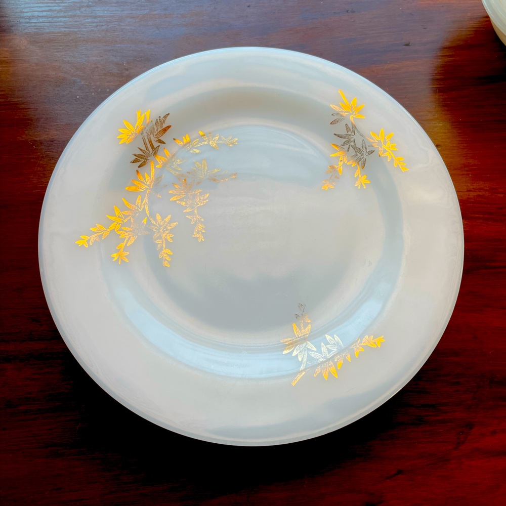 Federal  Gold and white milk glass plate from the 1950s. Gold Bamboo pattern